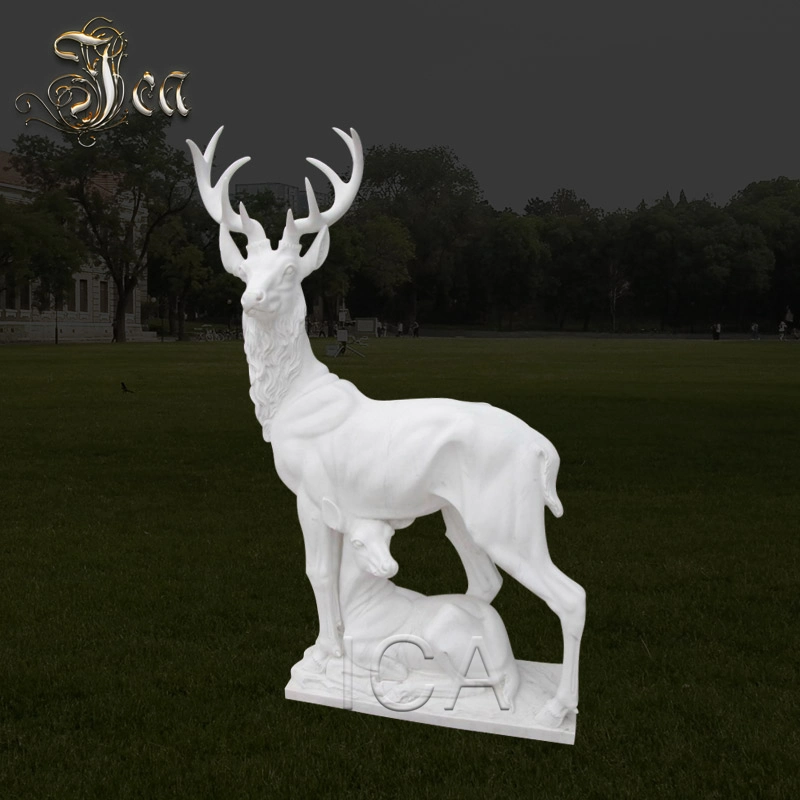 Outdoor Life Size Carved Natural Marble Carving Deer Sculpture for Garden Decoration