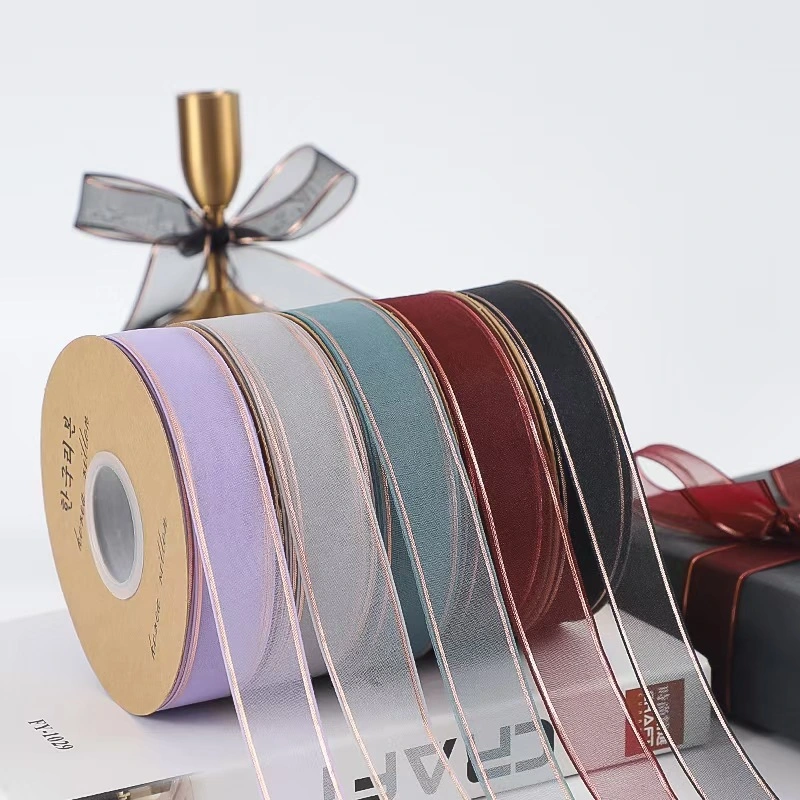 Wholesale/Supplier OEM/Custom Translucent Wired colorful Silk Sheer Nylon Plaid Gold/Silver Edge Organza Ribbon