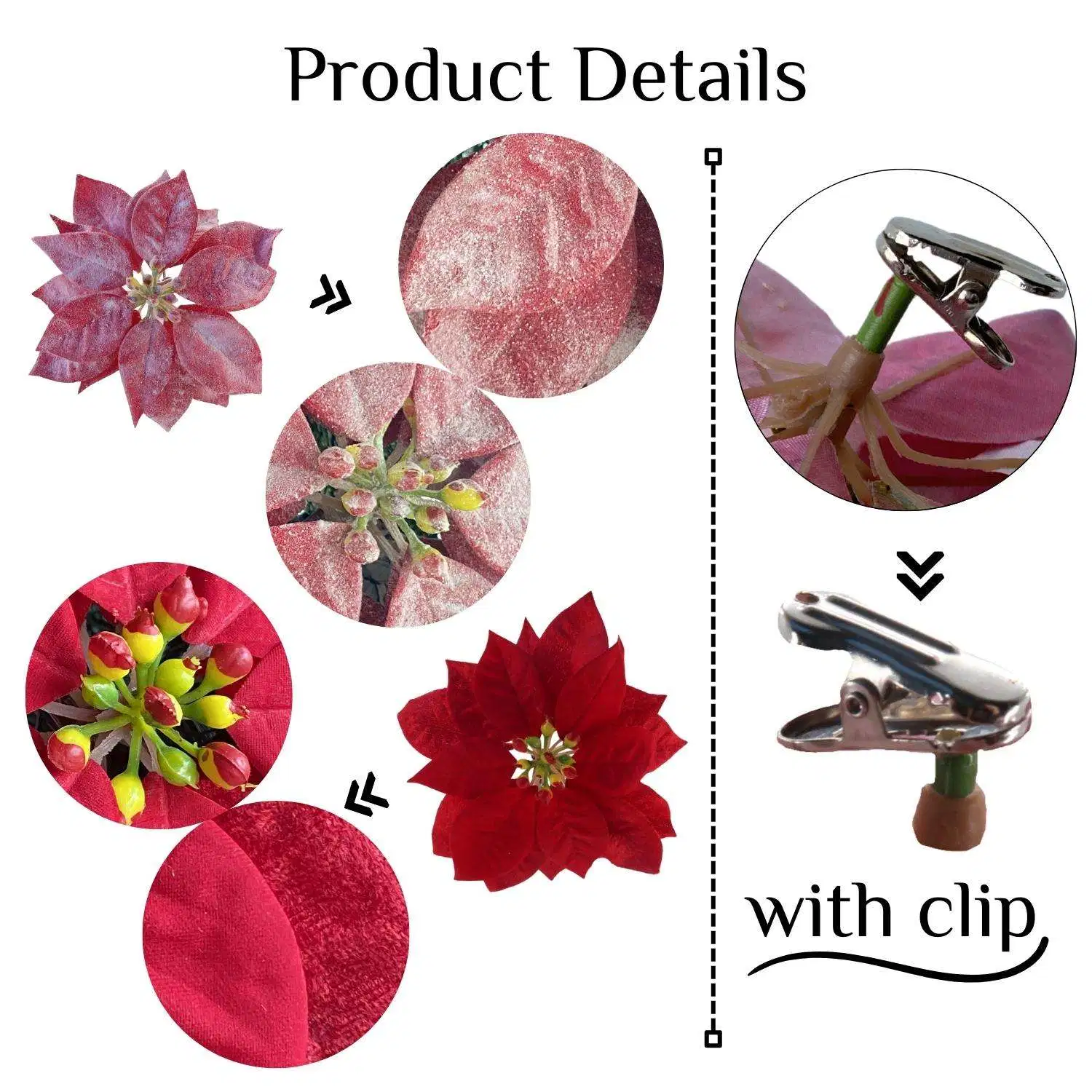 Wholesale/Supplier Products Artificial Flower Artificial Poinsettia Heads with Clip Christmas Gift Poinsettia Flower