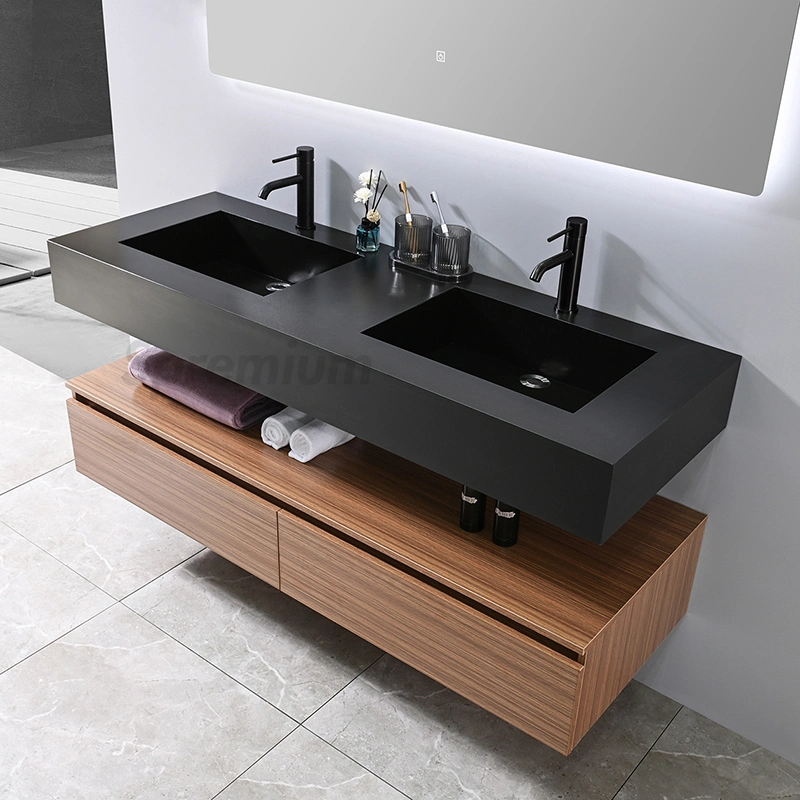 New Design Vanity Plywood Bathroom Cabinet with Slab Basin for Hotel Bathroom LED Mirror Vanities in High quality/High cost performance 