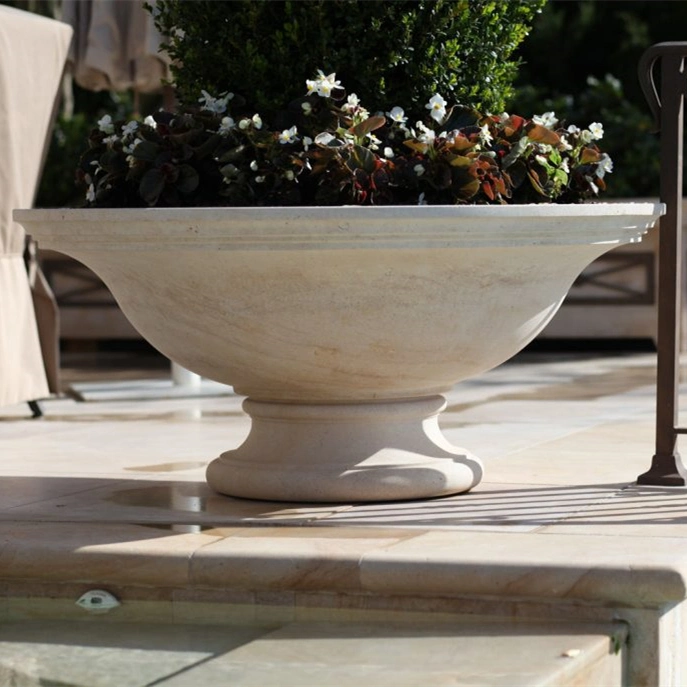 Beige Marble Honed Round Custom Made Classic Garden Ornament Planter with Square Base