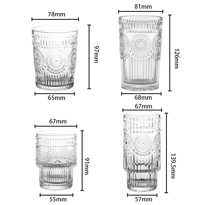 Factory Direct Retro Embossed Cup Crystal Clear Transparent Whiskey Coffee Water Glass Cup Mug Tumbler for Bar