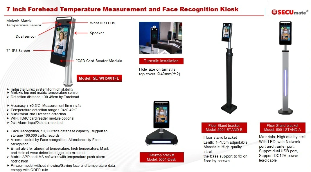 Facial Recognition Camera Time Attendance Machine Non-Contact Temperature Access Control Temperature Detector with Auto Sanitizer Dispenser