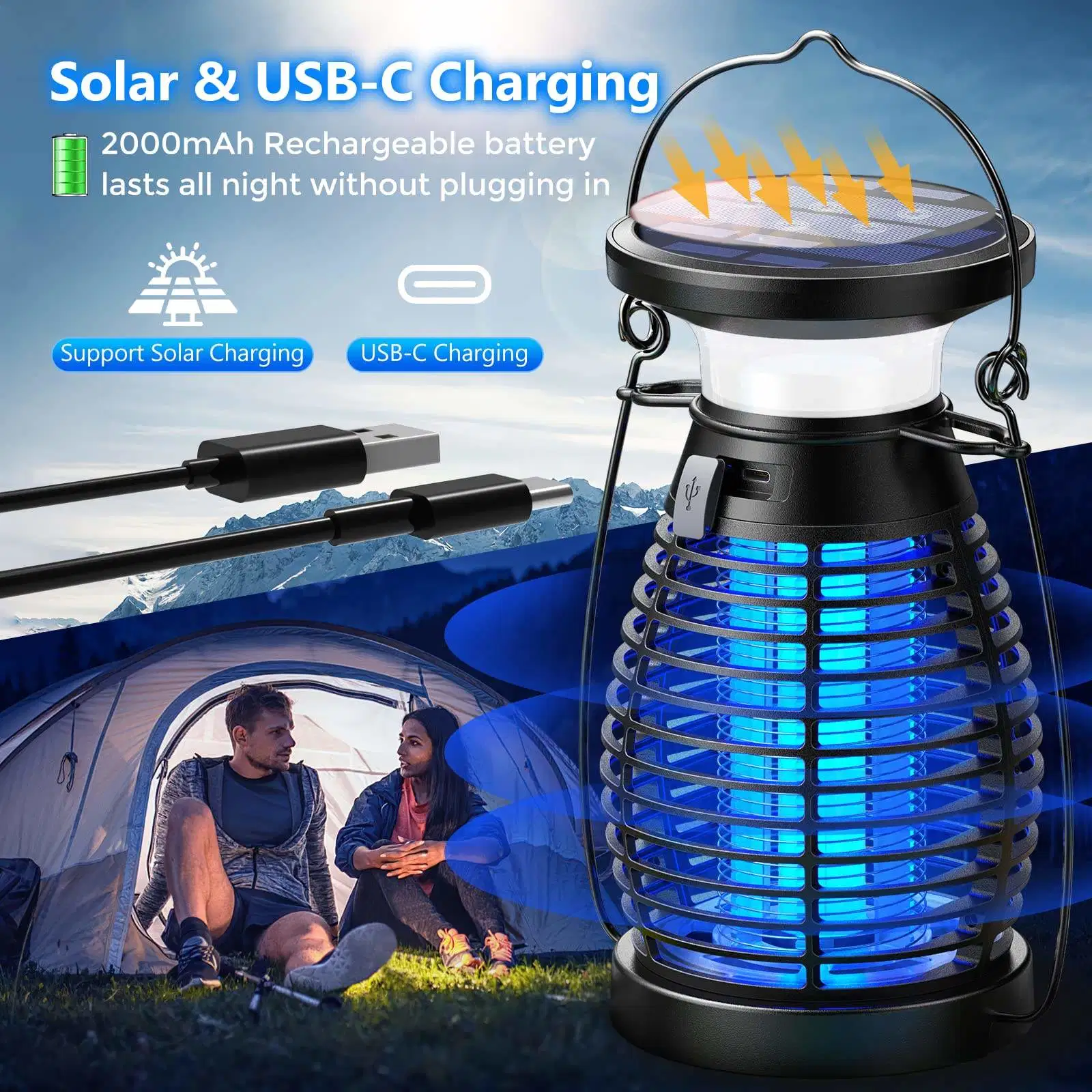 Sin cable &amp; recargable Mosquito Zapper Solar Bug Zapper impermeable al aire libre Con luz UV de alta potencia 4200v