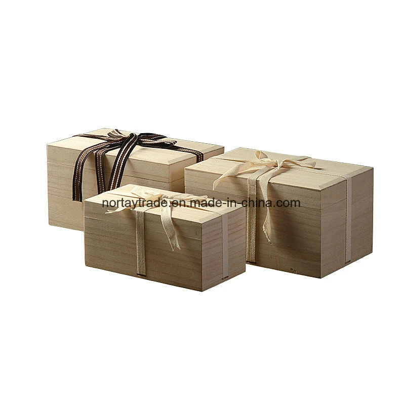 Solid Wood Box Rectangle with White Ribbon Fabric Art Decoration Inside Wood Storage Box