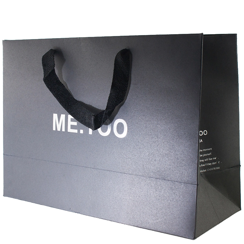Factory Custom Printed Matte Black Paper Shopping Bag with Ribbon Handle Packaging Luxury Gift Paper Bag with Logo