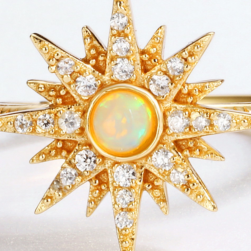 Fashion Women Gold Plated Created Jewellery Sun Star 925 Silver Synthetic Opal Ring