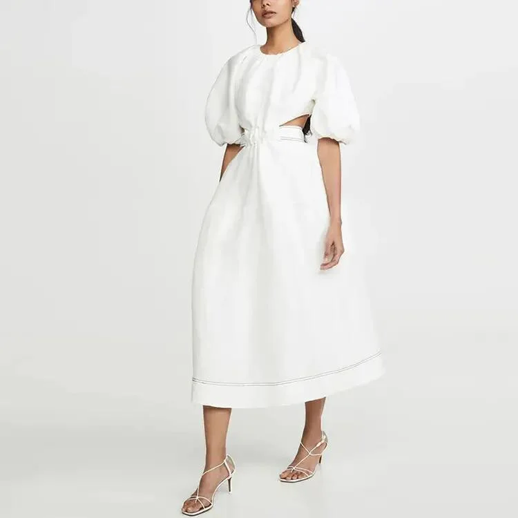 Women Fall Apparel Western Designs Belted Puff Sleeve Cutout Beach Vacation MIDI Dress Modest Women White Linen Dress Long