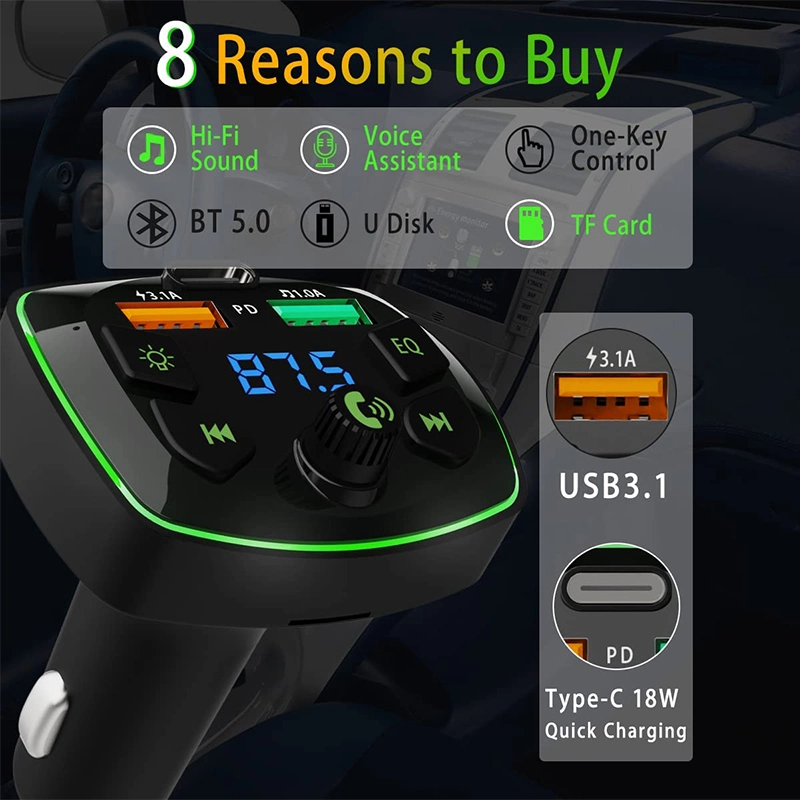 Car Wireless FM Transmitter Handsfree Call Audio Receiver Auto TF U Disk MP3 Player USB Fast Charger 5.0 Blue-Tooth FM-Modulator