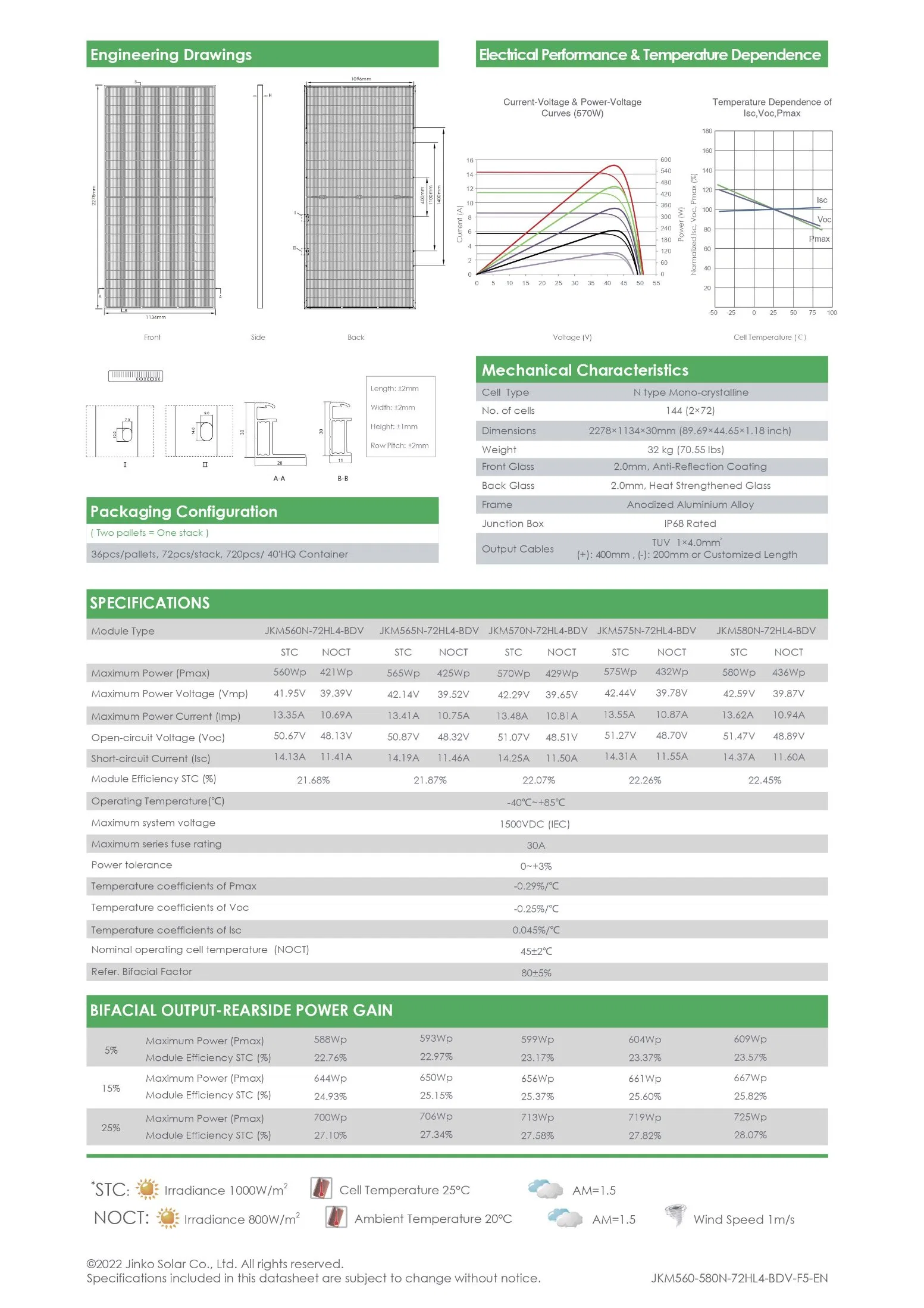 Jinko Solar Tiger PRO 72hl4-Bdv 560-580 Watt Bifacial Module with Dual Glass Photovoltaic Solar Module 560W 565W 570W 575W 580W Solar Panels