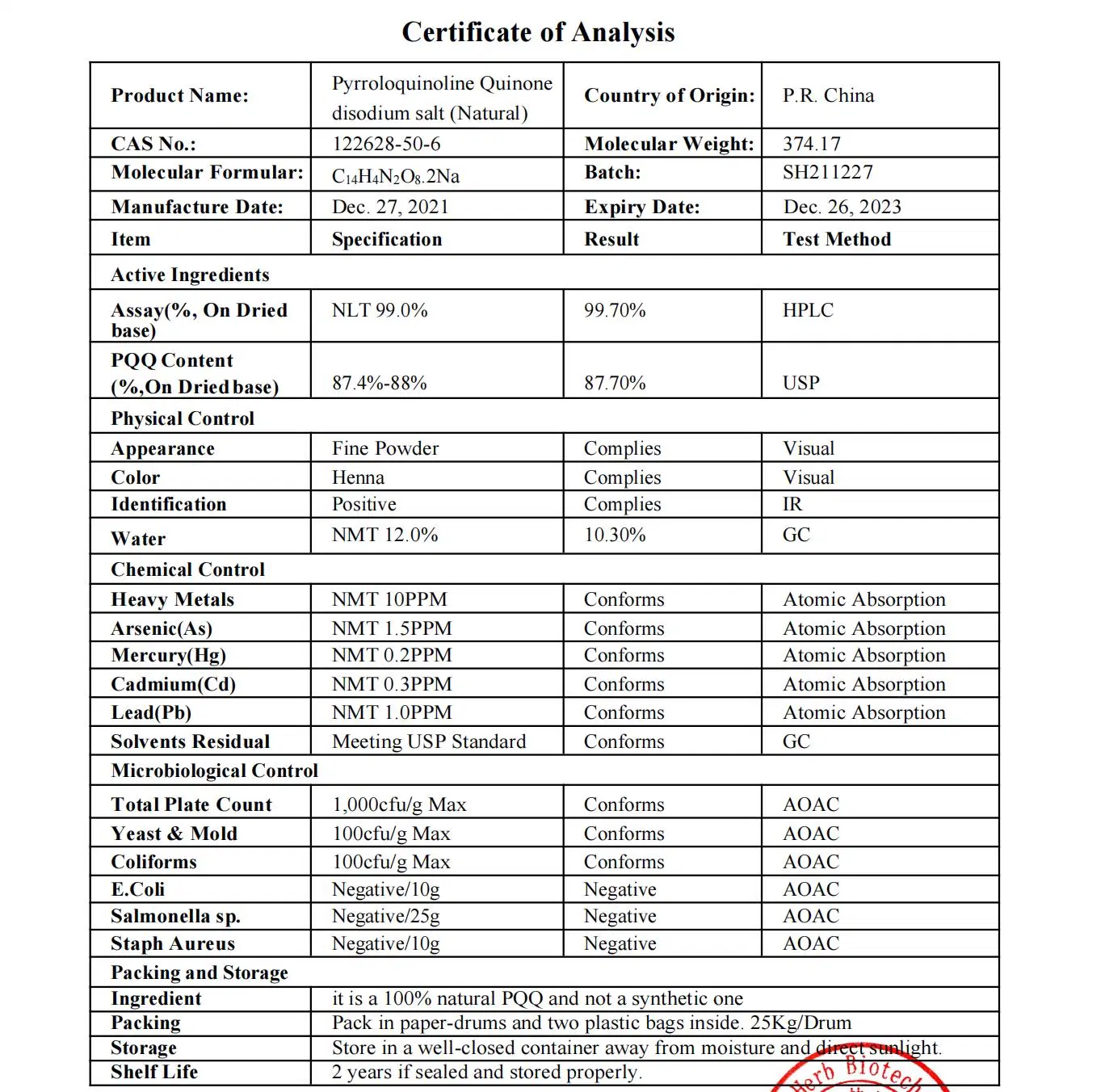 Raw Material CAS 122628-50-6 Bulk PQQ 99% Pyrroloquinoline Quinone Disodium Salt