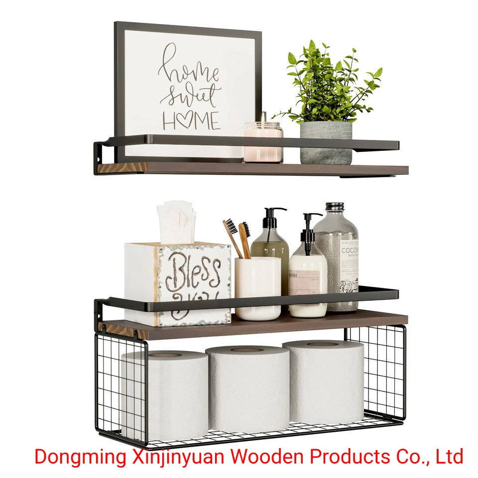 Wall Mounted Shelves Set Hanging Home Decor Rustic Metal Kitchen Rack Book Storage Wood Floating Wall Shelf for Living Room