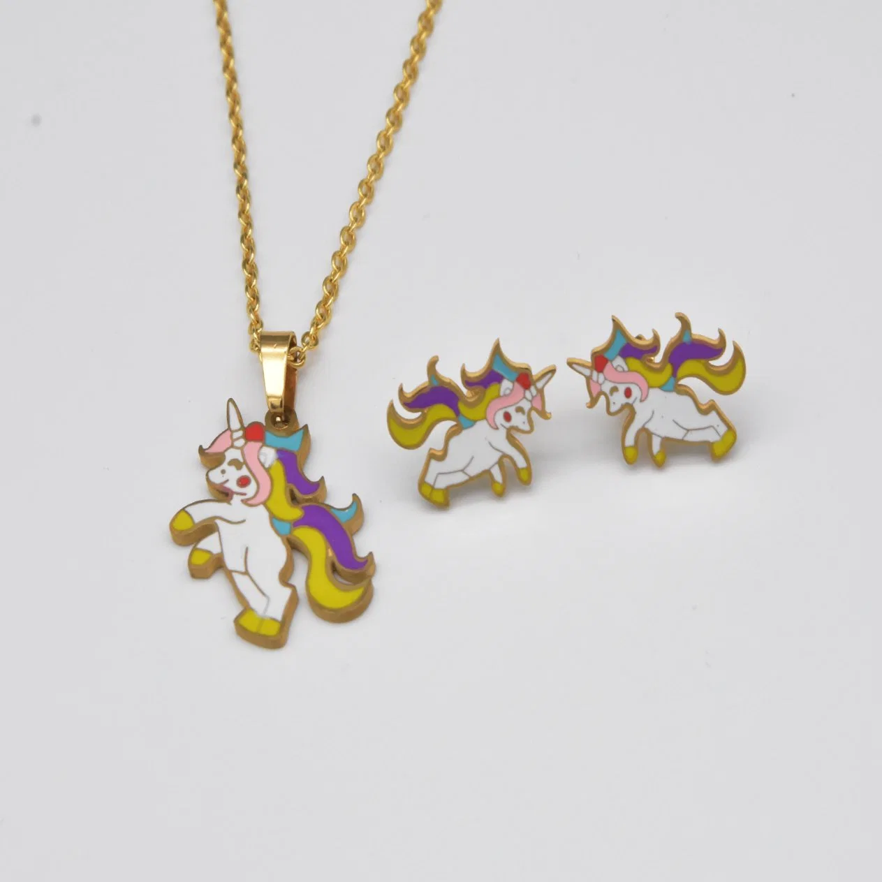 Wholesale New Fashion Gold Plated Unicorns Pendant Necklace Earring Jewelry Set for Girls