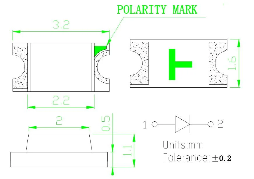 LED 1206 solo de color verde con RoHS LED SMD (3216)