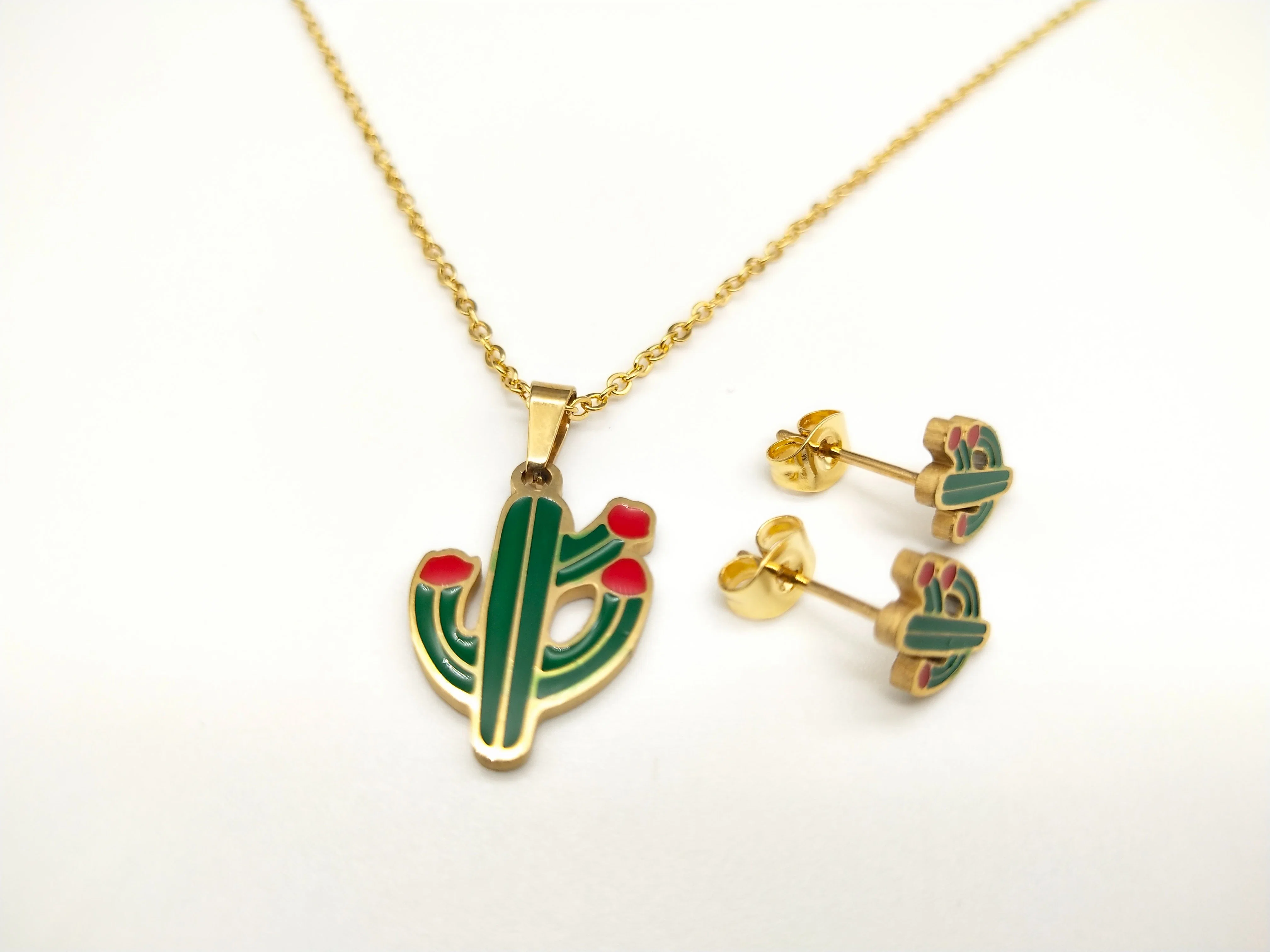 2023 Wholesale/Supplier New Fashion Gold Plated Colorful Cactus Stud Earrings Necklace Jewelry Set for Women