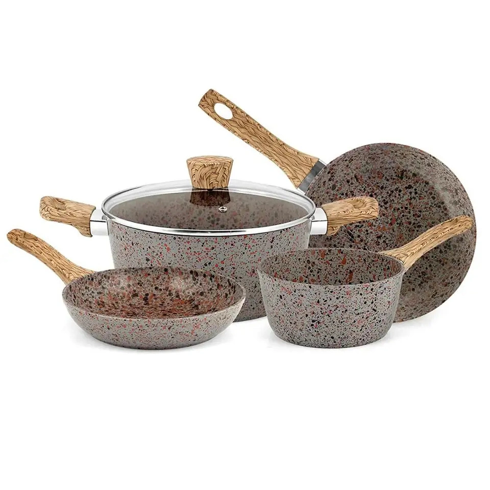 OEM de la fábrica de aluminio en color de piedra de granito Non-Stick conjunto de utensilios de cocina casera ecológica Pot cazuela con mango de madera