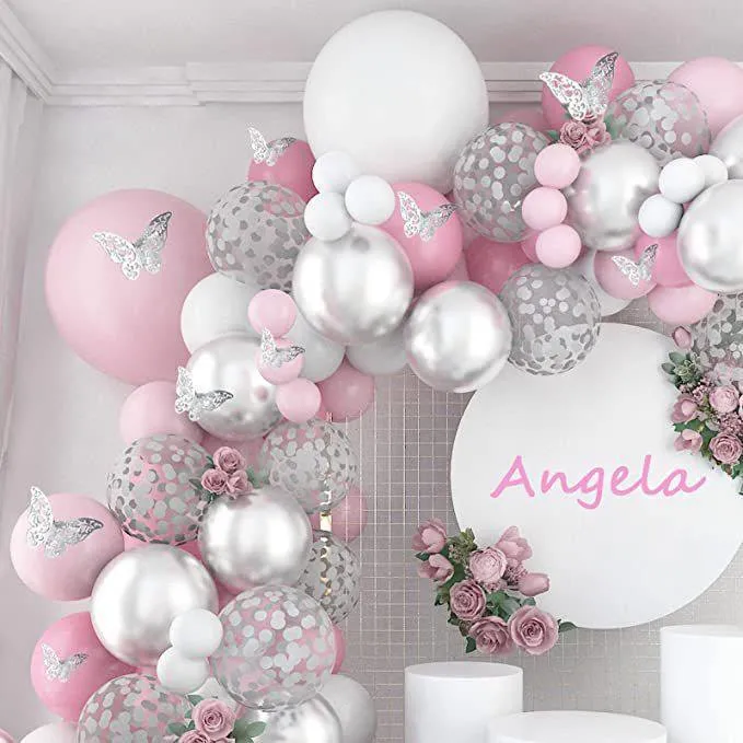 Pink Metallic Silver Balloons Set Party Decoration White Balloon Butterfly Sticker Sequin Balloon Bridal Shower Birthday Party