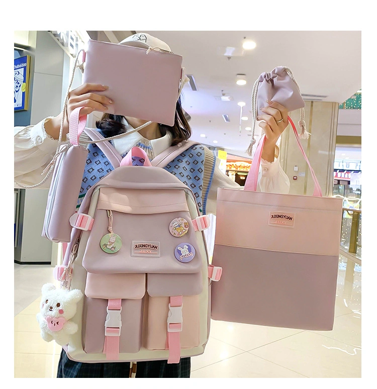 5PCS/Set Women Fashion Canvas Students Backpack Shoulder School Bags with Pencil Case