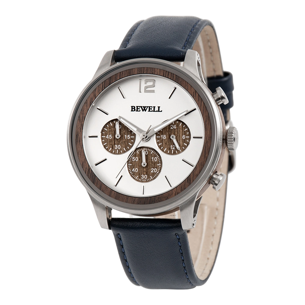 Bewell Mode Acier Inoxydable avec Bracelet en Bois Véritable 3 Couleurs Montre-Bracelet pour Hommes à Quartz