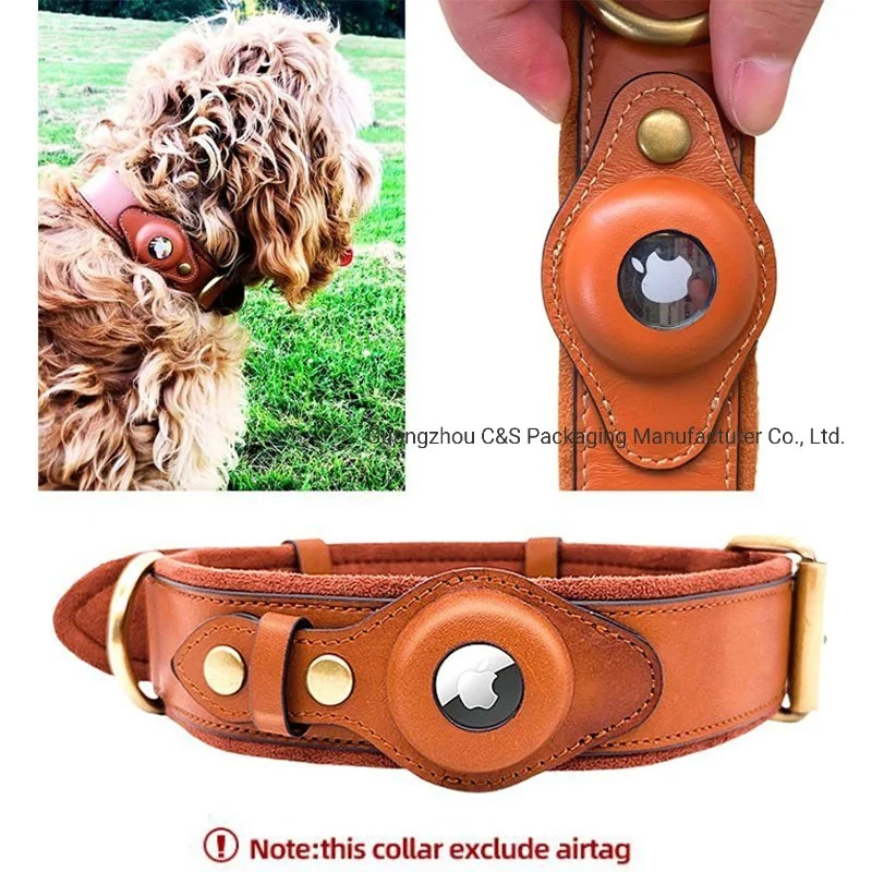 Hot Vente en gros accessoires pour animaux de compagnie réglable en cuir véritable Tracker GPS Airtag Vintage Collier pour chien