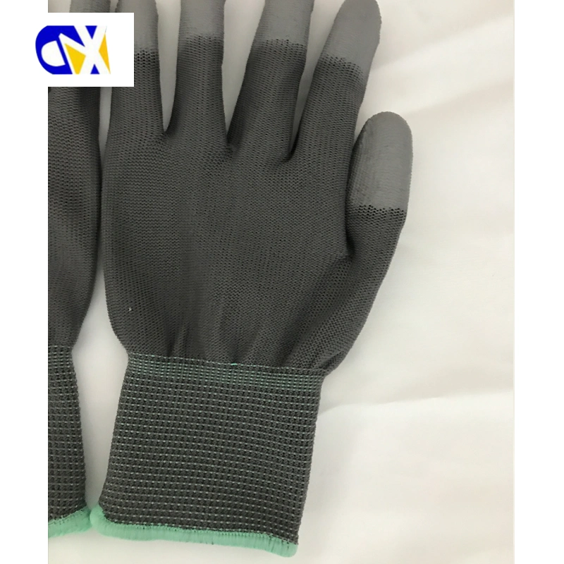 Gray Nylon Knitted PU Coated Finger Safety Work Gloves