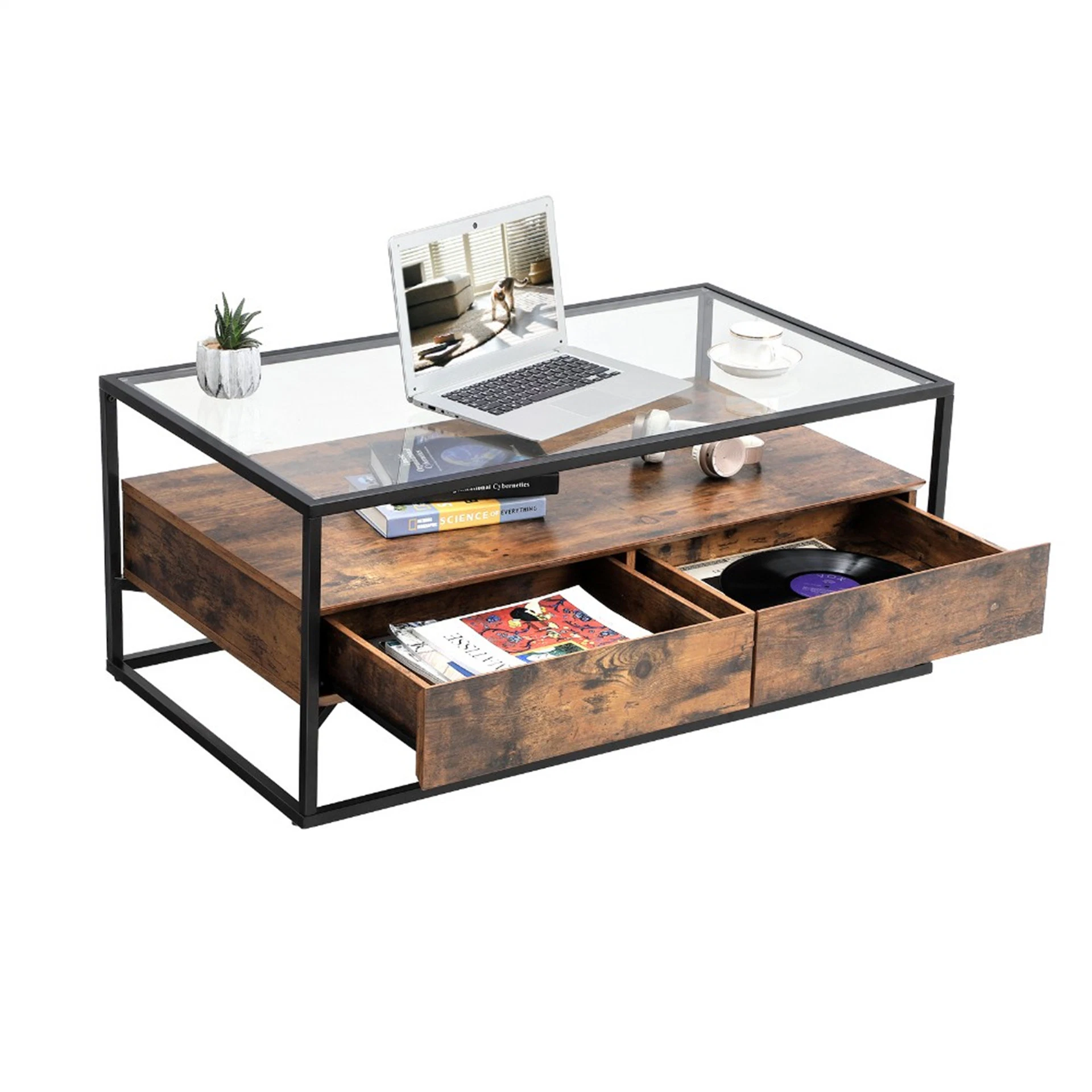 Customized Glass Coffee Table with 2 Drawers Tempered Glass Top with Storage Shelf