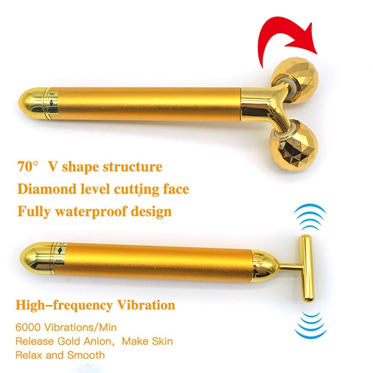 Amazon Hot Home Use Beauty Equipment 24K Gold Vibrating Lifting Skin Care Tools Electric Massage Face Roller Facial Vibration Massager