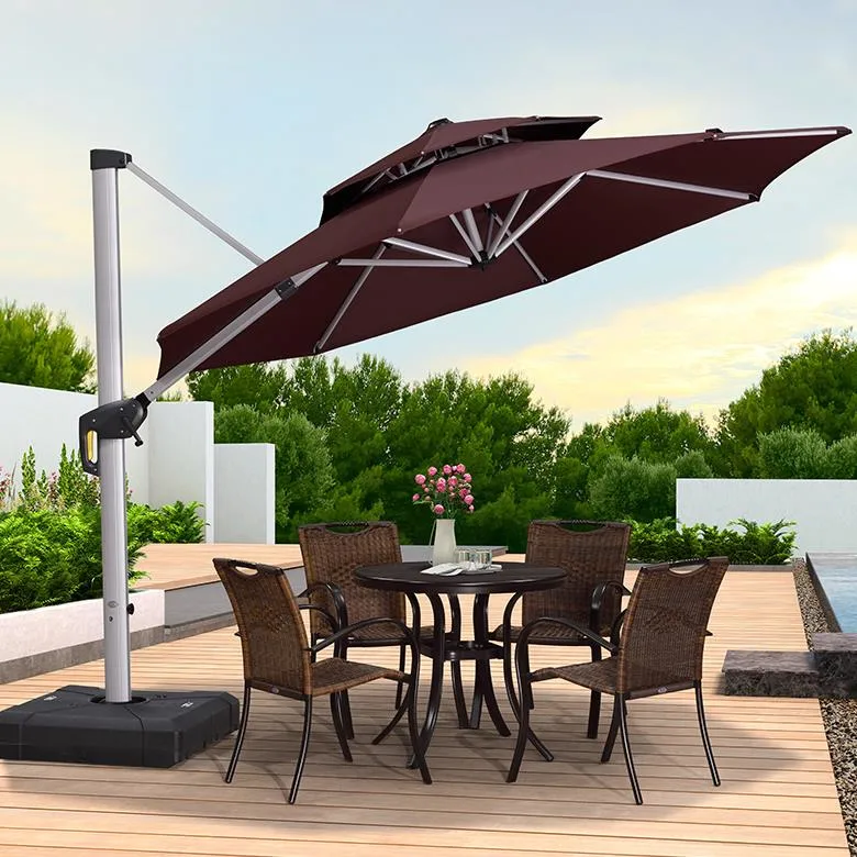 Vente en gros luxe extérieur base en marbre étanche café Sunade parasols Pergola Parasol couvert de pavillon parasols parasol carré avec lumière solaire