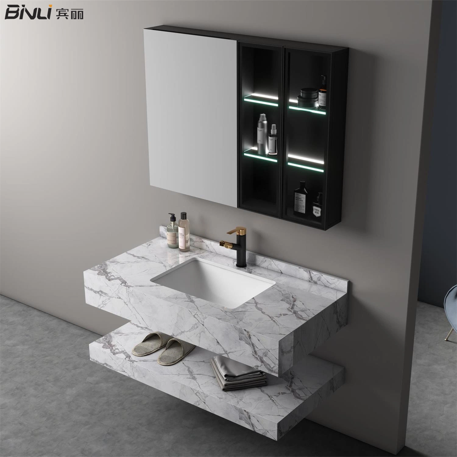 Muebles de hogar lavabo de cerámica integrada de banda de Rock Stone baño flotante vanidad Fregadero