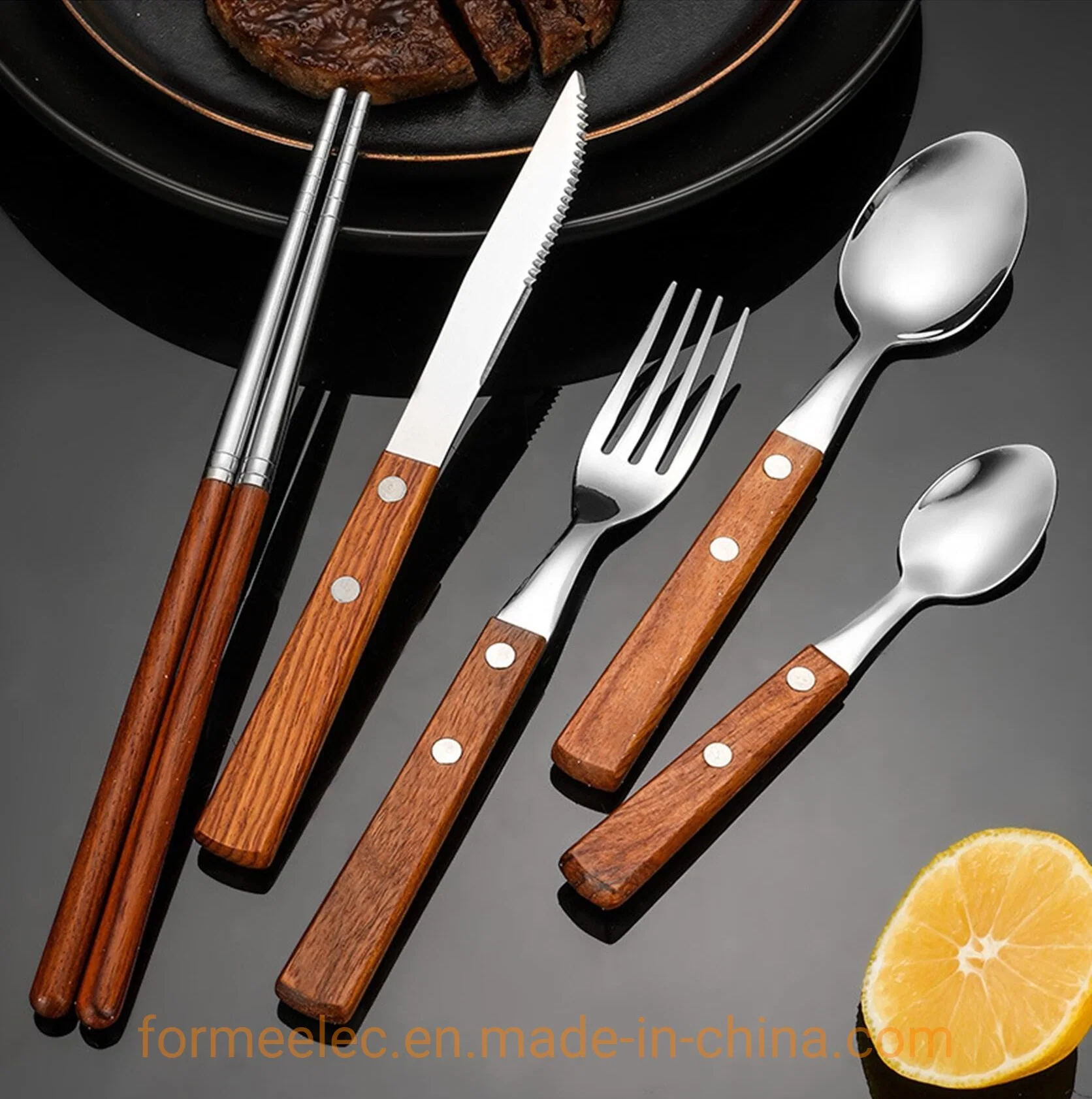 Flatware 304 Stainless Steel Rosewood Handle Cutlery Soup Spoon Dinnerware Dinner Fork Steak Knife