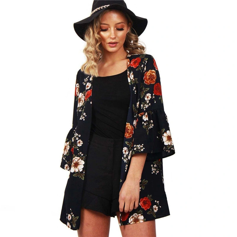 Customized Promotional Wholesale/Supplier New Design New Trend Printed Flower Bud Three Quarter Sleeve Coat Shirt for Women