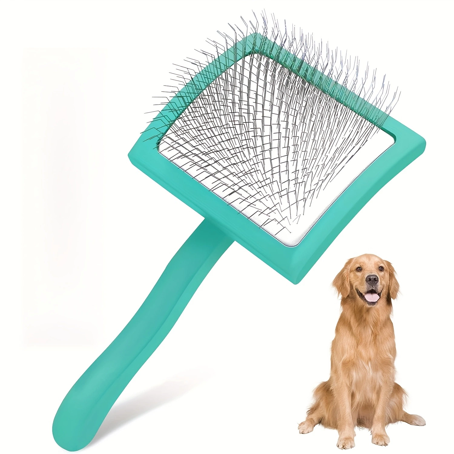 Petdom Wooden Handle Pet Wire Grooming Brush Self-Cleaning Long Pin Slicker Brush for Dogs and Cats Dog Comb Stainless Steel