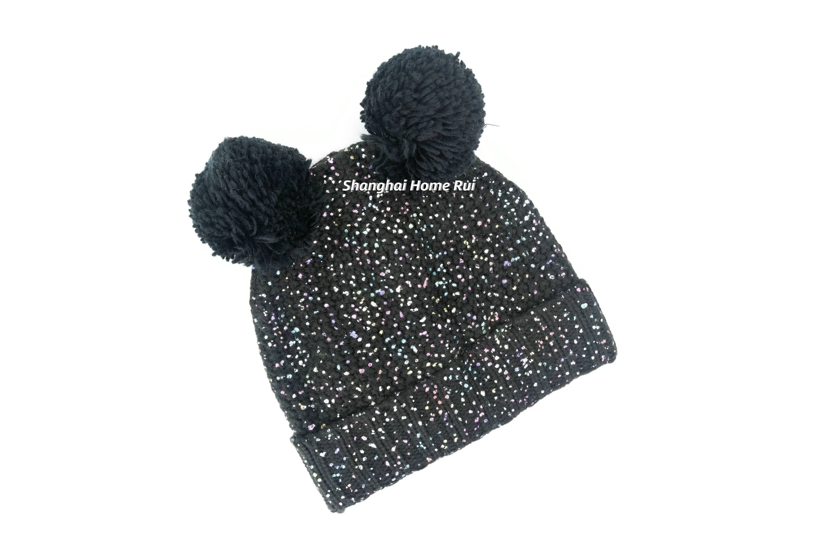 Kids Girl Boy Children Warm Soft Slouchy Black Fold Edge Multi Colour Silver Oil Print Polarfleece Lining Knitted Rib Bonnet Casual Hat Beanie