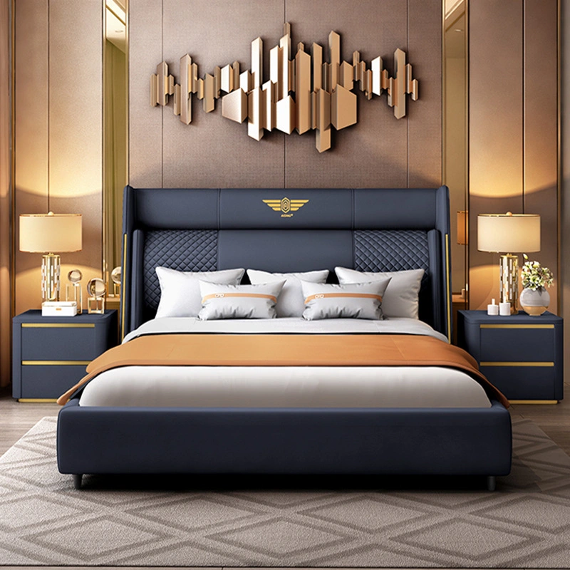 O Hotel Modern cama tamanho King Quarto Conjunto de mobiliário de couro de luxo Duplo Cama no estojo