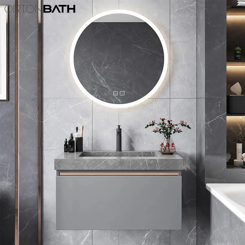 Ortonbath Grey Concrete Wall Mount Above Counter Ceramic Sink Bathroom Slate Vanity Unit Cabinet Artificial Stone Bathroom Furniture with LED Mirror Cabinet