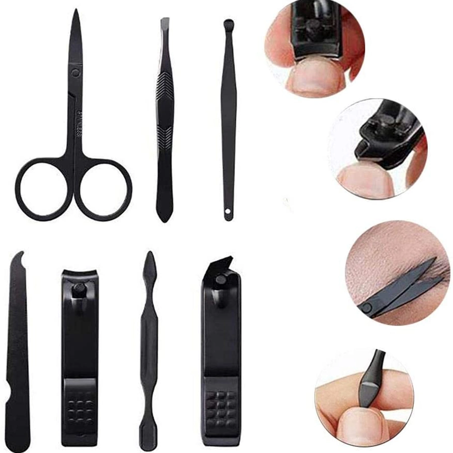 Professional 7 in 1 Stainless Steel Pedicure Kit Nail Scissors Grooming Kit with Black Leather Travel Case Manicure Set