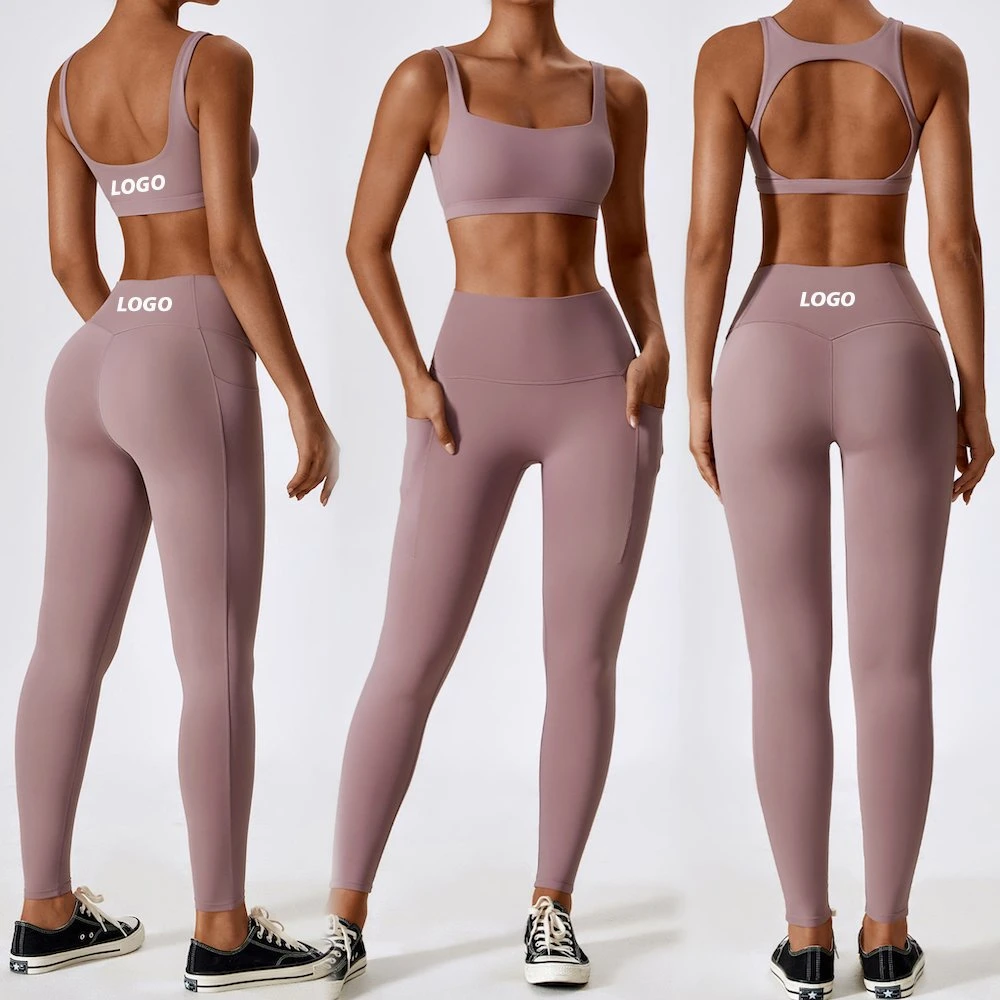 Nouveau design simple de vêtements de sport de luxe pour femmes, soutien-gorge de sport sexy à encolure en U et dos ouvert avec leggings de course taille haute, ensemble de vêtements de sport 3 pièces.