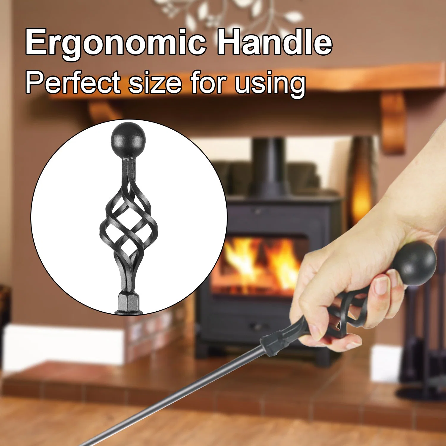 New 5 Pieces Fireplace Tool Set Black Cast Iron Fire Place Tool Set with Log Holder Fire Pit Stand Rustic Tongs Shovel Antique Broom Chimney Poker Wood Stove