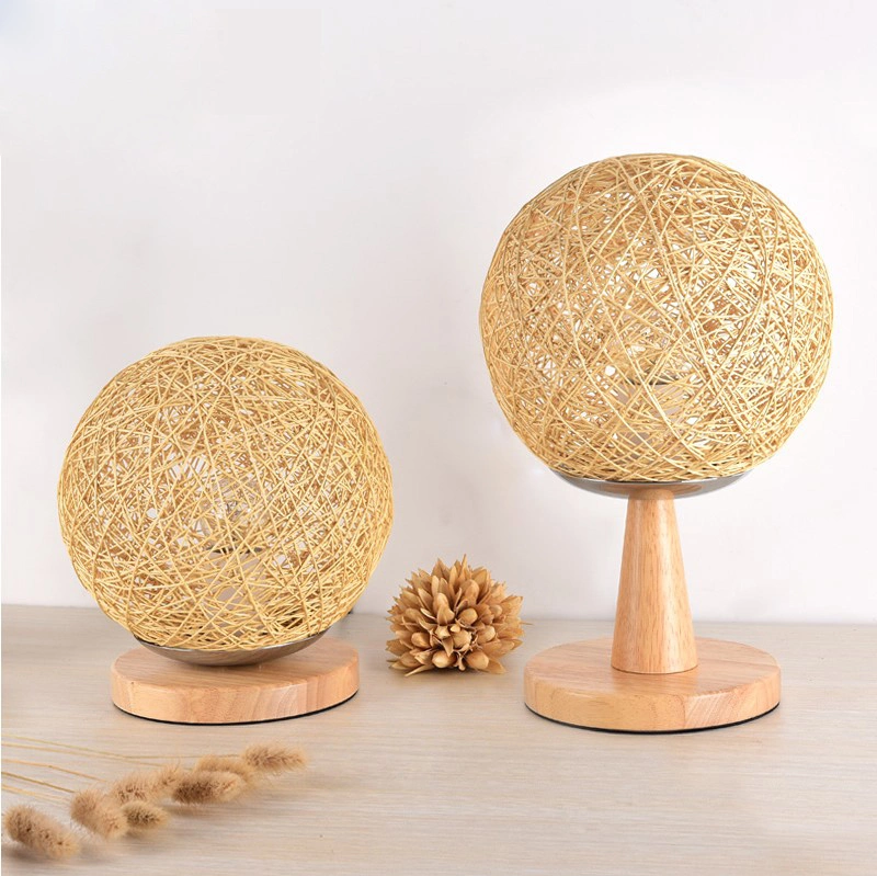 JLT-R07 lampe de table lumineuse naturelle boule ronde en bambou rotin rond Base en bois massif pour l'éclairage de la chambre