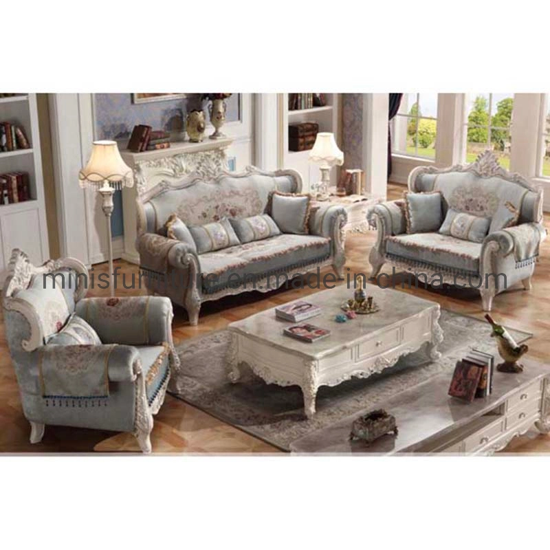 (MN-SF79) French Classic Home Living Room/Hotel Lounge Furniture Wood Fabric Sofa Set