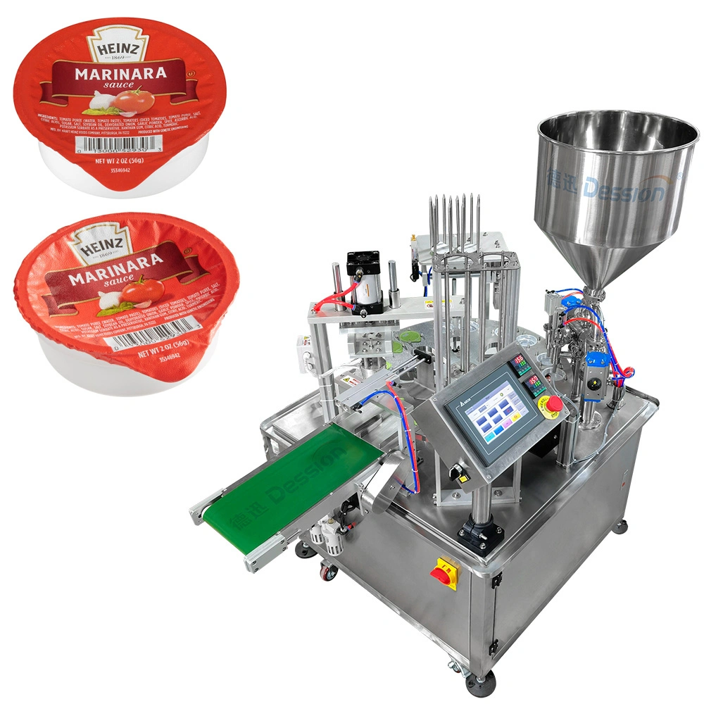 Small Automatic Honey Spoon/Ketchup/Sauce/Oil/Liquid/Lotion/Shampoo/Jelly/Liquid Soap/Juice/Tomato Paste Food Cup Packaging Packing Filling Sealing Machine