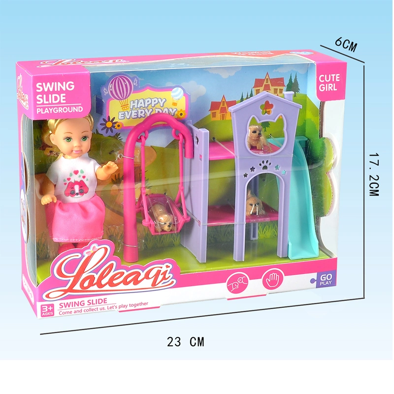 2023 New Wholesale/Supplier Toys Girl DIY Toys 4.5 Inch Solid Doll Swing and Slide Play Around Toy Cute Girl and Dogs Happy Time