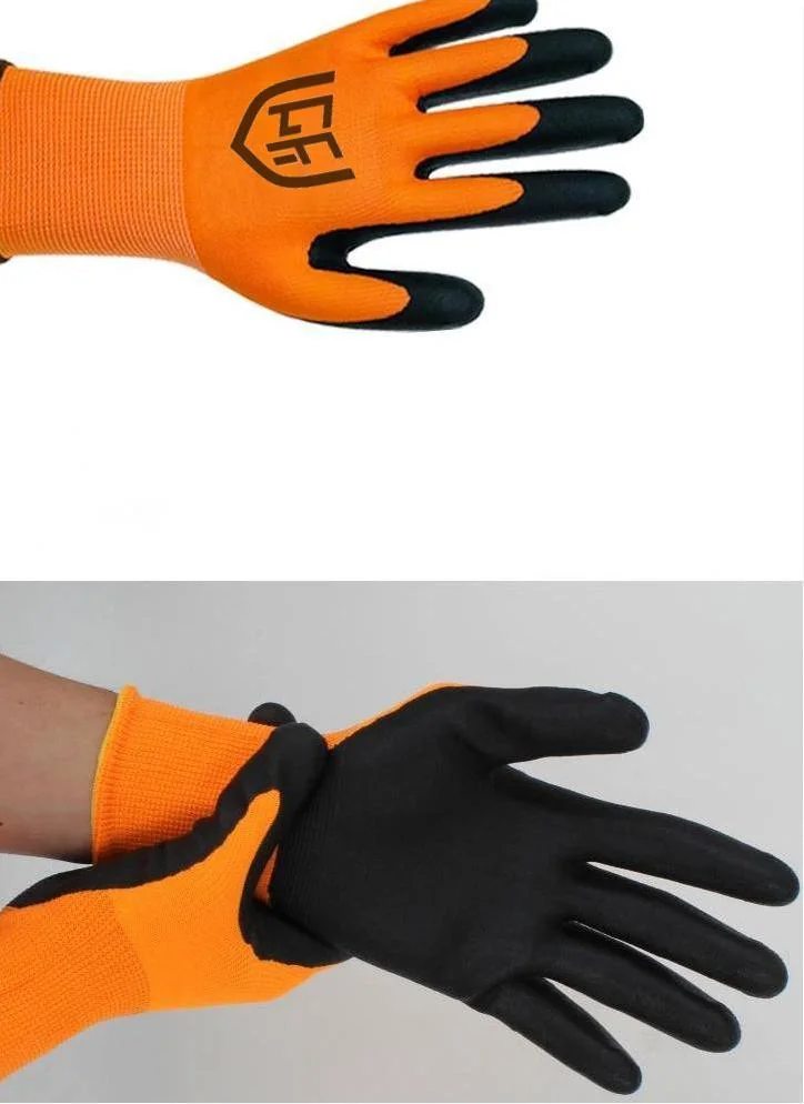 Precio barato Rendimiento de alta calidad/alto costo 15g Nylon Palm espuma nitrilo Guante revestido con Logo Handschuhe aus Nitrilo