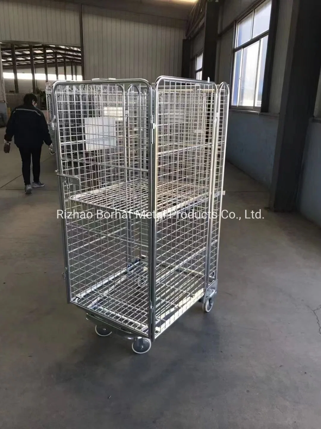 Le supermarché le transport de fret de la sécurité de l'entrepôt de stockage de Wheeling Wire Mesh Roll Cage de stockage de conteneurs avec des roues