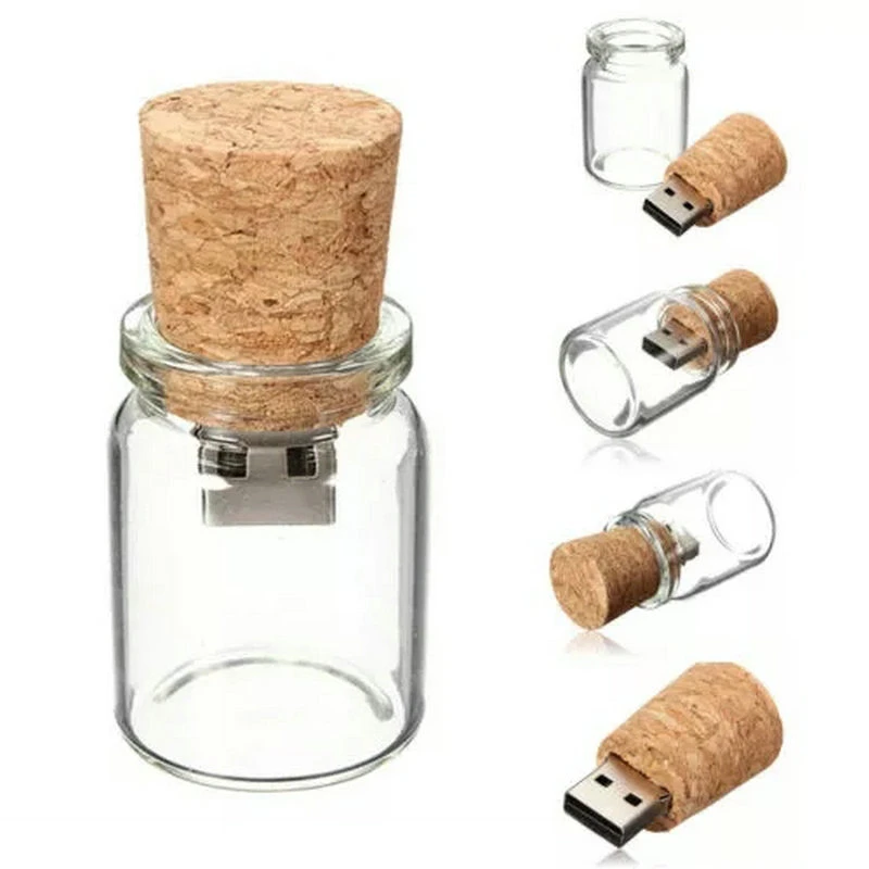 Promotional Gift Wooden Cap Nice Glass Bottle Shape USB Drive with Customized Logo