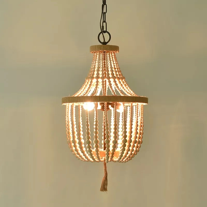 Farmhouse Wooden Chandelier Fixture Lamps French Romantic Warm Wood Bead Lamp