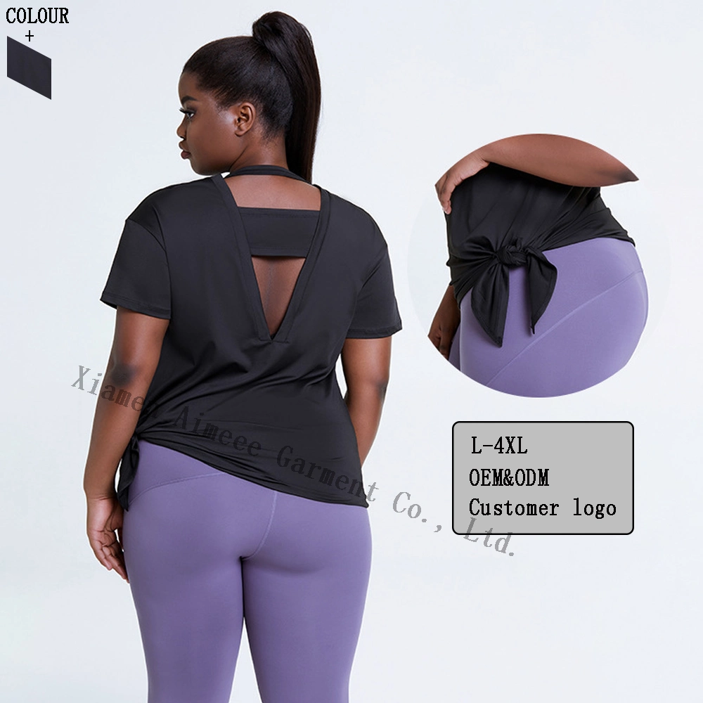 4XL Activewear Plus Size Workout Clothing Side Split Open Back Yoga Women Fitness Tops Gym Sport T Shirt