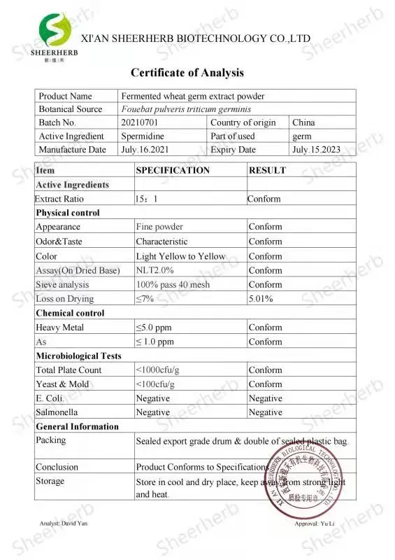 Natural de alta calidad Extracto de Germen de Trigo CAS 124-20-9 0,1%-2% espermidina