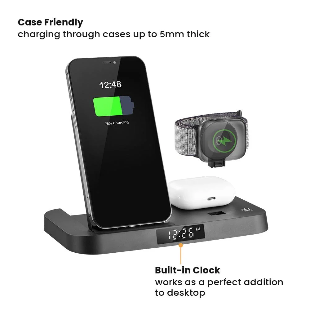 3 in 1 Fast Charging Station Foldable Portable Qi-Certified Dock Stand Holder Wireless Charger for Smartphone Smartwatch