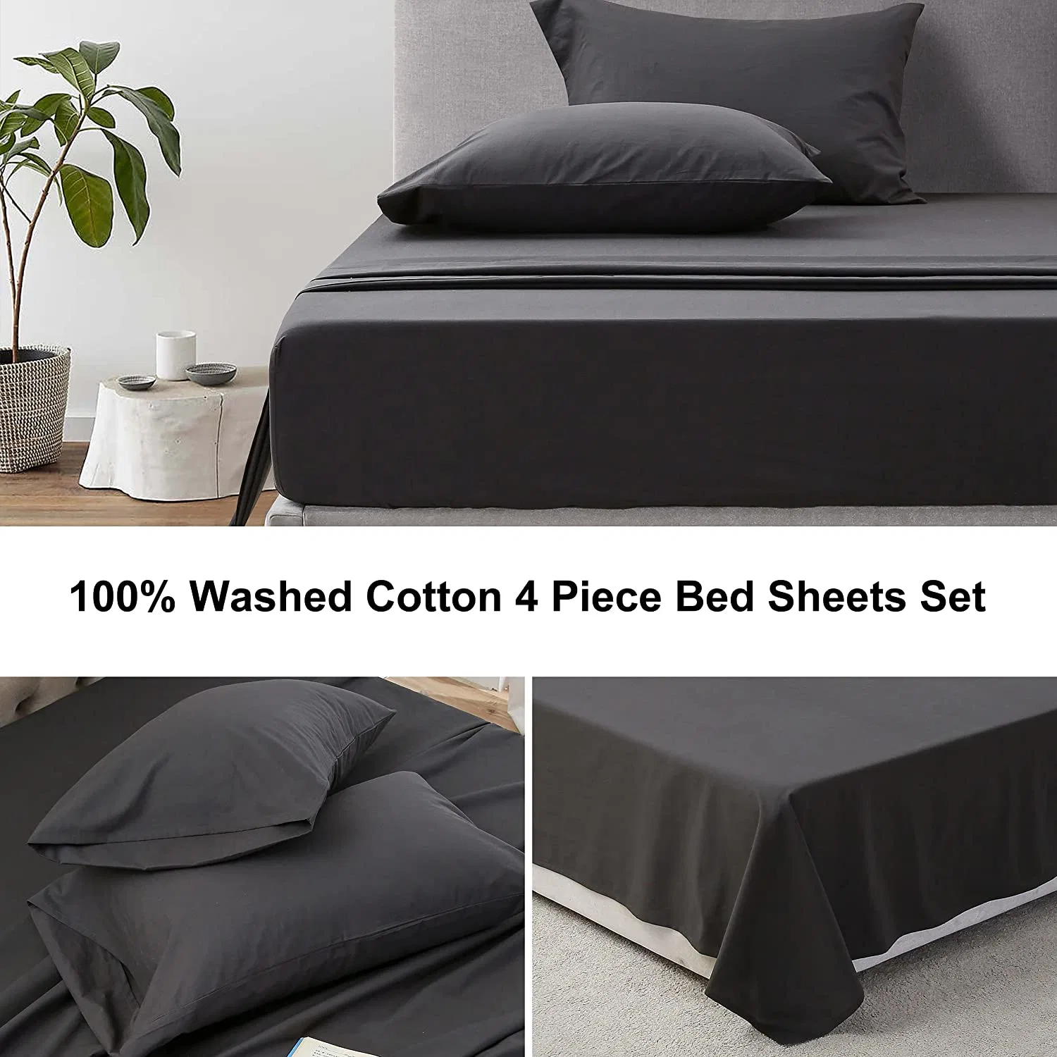 100% Washed Cotton 4 Piece Bed Sheets Full Grey Luxury Bedding Sheets Set with Deep Pocket